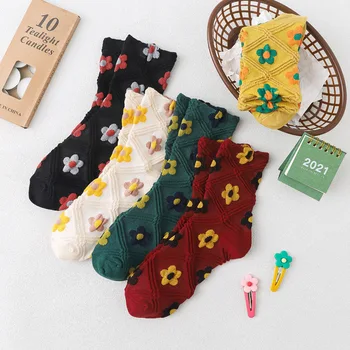 Есенно-зимни дамски памучни чорапи дишащи със защита от миризмата, реколта ромбовидные конци, удобни спортни чорапи със средна дължина