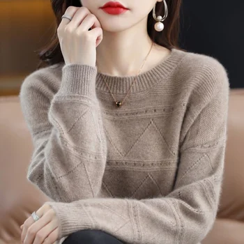 Жена пуловер, пуловер, есен-зима, однотонная долната риза с кръгло деколте, вязаный топ жаккардового преплитат с дълъг ръкав