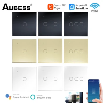 Интелигентен Ключ светлина Aubess EU WiFi на 1/2 / 3 банда, монтиран на стената lcd сензорен прекъсвач, управление на умен дом чрез Алекса Google Начало, приложението на Hristo Smart Life