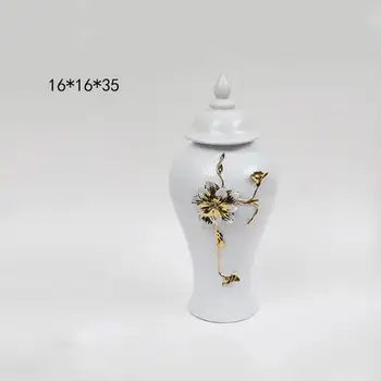 Керамична ваза за цветя с традиционни орнаменти с капак, бяло и златно банка за джинджифил, банка за съхранение за всекидневната, цветен партита, офис