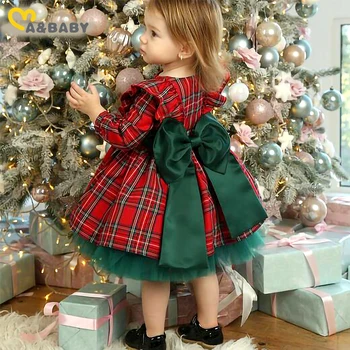 Коледна рокля за Мама и Бебе от 6 м до 6 години за момичета, Детски Рокли в червената клетка с лък За Момичета, Костюми на Принцеси за Коледно парти