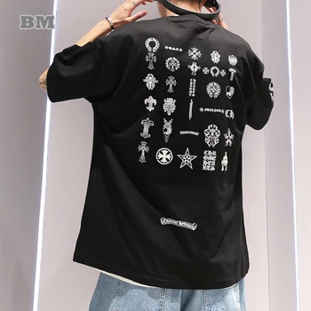 Корейската градинска дрехи, креативна тениска с принтом, мъжки дрехи, модни блузи в стил хип-хоп, лятна риза в стил харадзюку, свободна ежедневни тениска Kpop с къс ръкав