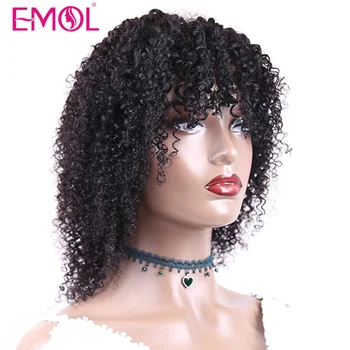 Кратък перука от човешка коса с бретон бразилски къдрава перука от човешка коса за черни жени плътност на 180% Къса перуки с бретон