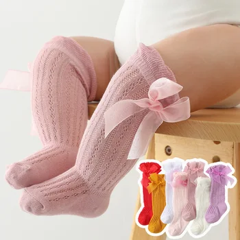 Летни Чорапи за Малки Момичета, Дълги чорапи с Лък за Деца, Детски Чорапогащи, Мек Памучен плат на Окото, Испански Стил, Отворени Дантелени Чорапи 0-12 месеца