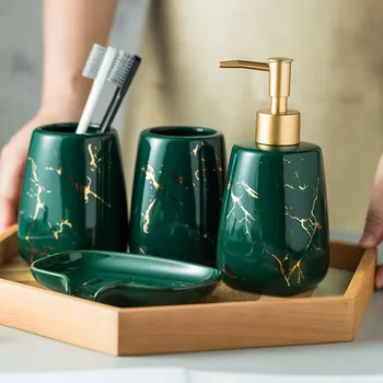 луксозен тъмно зелен керамичен комплект за баня от четири обекта, сапунерка, чаша за вода, бутилка за лосион, аксесоари за баня, порцелан за употреба, декор