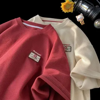 Лятна Вафельная тениска с къс ръкав, мъжки свободна Ретро-риза с кръгло деколте, мъжки тенденция градинска дрехи в стил на Жокера Харадзюку, мъжки t-shirt Оверсайз