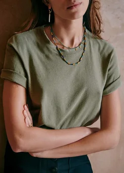 Лятна новост 2023, женска тениска армейского зелен цвят от памук и лен, с кръгло деколте и къси ръкави