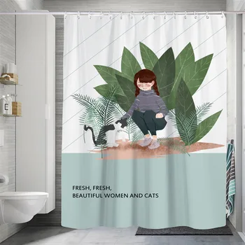 Модерна Малка завеса за душ Fresh Shower Flower Котка от полиестер Frabic, водоустойчив завеса за баня от полиестер с куки, домашен декор