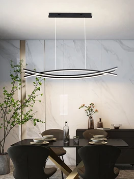 Модерни led полилей, маса за хранене, черна минималистичен дизайн за кухня, трапезария, висящи лампи, начало декор, осветление, лампа