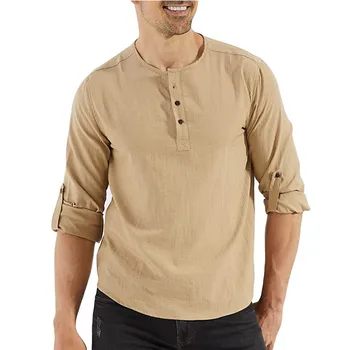 Мъжка тениска с дълъг ръкав, летен обикновен пролетен пуловер копчета, модни универсална тениска с директен ръкав, през цялата силует, памук, лен