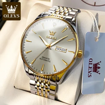 Мъжки автоматичен часовник OLEVS, златна луксозен водоустойчив светещи календар, елегантни часовници Reloj hombres от неръждаема стомана