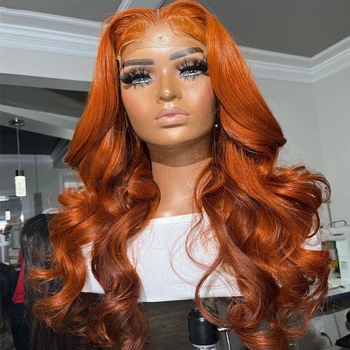 Прозрачен перука от естествена коса на дантели 13x4, имбирно-оранжев цвят, дълги къдрави перуки, изработени от човешка коса, за жени, предварително выщипанный Т-образен перука на дантели