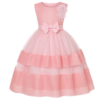 Расшитое мъниста розова рокля с лък за момичета в едно цвете, принцеса рокля за сватбеното парти, сватба детски дрехи без ръкави, рокля за парти в чест на рождения ден