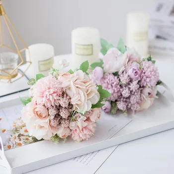 Сватбен Букет на Булката, изкуствена роза, божур, Изкуствени Цветя, бяло-розов букет цветя, сватбени аксесоари, празнична украса