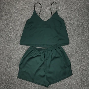 Секси Дамски копринени пижами S - 2XL Размер плюс, бельо, удобно дамско бельо, нощница без ръкави, нощни комплекти, пижамные панталони зелен цвят