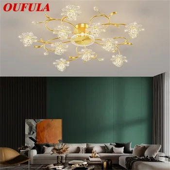 Тавана лампа OUFULA Nordic, модерни Златни Луксозни кристални месингови лампи, осветителни тела с цветя, led лампа за дневна, трапезария