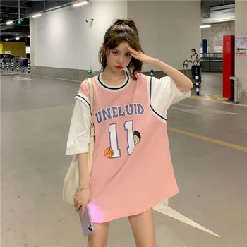 Фалшива баскетболно форма от две части, риза, дамски студентски корея свободна градинска облекло със средна дължина, с половинчатыми ръкав