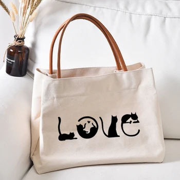 Чанта Love Cat, Холщовая чанта-тоут, Подарък за Любителите на котки, Дамски Ежедневни Плажна чанта, Чанта за количка, Чанта за пазаруване