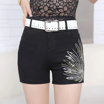 Черни стрейчевые дънкови къси панталони за жени 2023, летни нови корейски женски прилепнали панталони с висока талия, бродирани с пайети, с колан